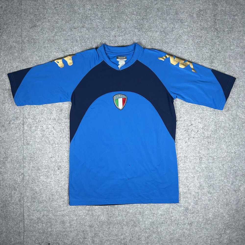 Vintage Kappa T-Shirt Mens SMALL Blue/Navy Y2K Italia Soccer Jersey Gold Logo